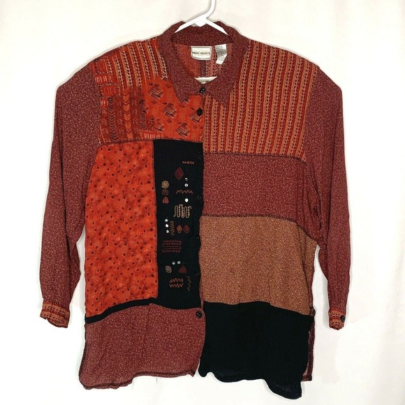 Nada Valley Womens Button Front Top Plus Size 2X Burgundy Black Patchwork - Picture 1 of 11